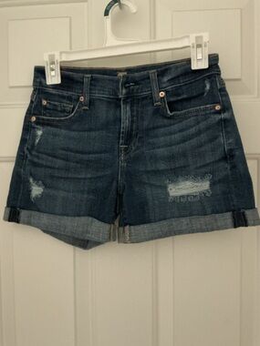 7 For All Mankind Dark Blue Distressed Rolled Cuff Denim Shorts